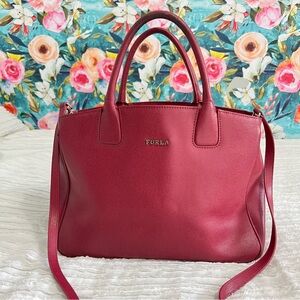 FURLA 2way Logo Tote Crossbody Genuine Textured Leather Designer Bag Dark Pink